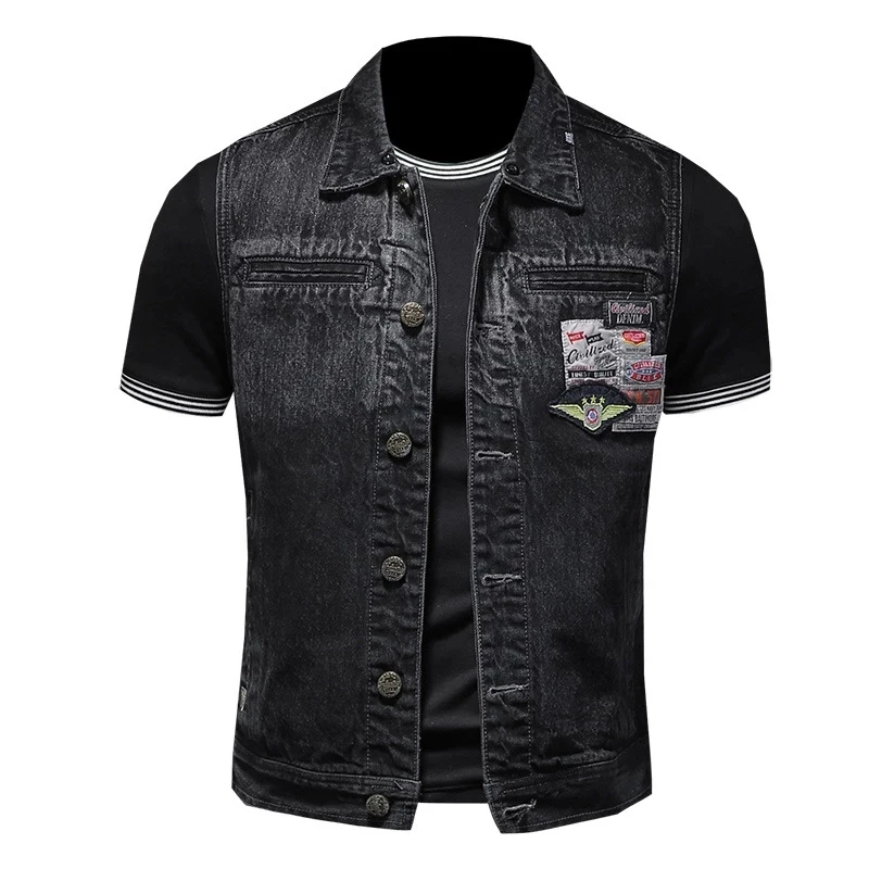 

Men's Black Motorcycle Denim Vests Fashion Jeans Vests Plus Size 5XL Casual Sleeveless Jackets Coat Male Badges Washed Waistcoat