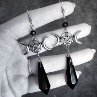 a pair of triple moon goddess black glass crystal drop earrings occult pagan pendant jewelry gift for women