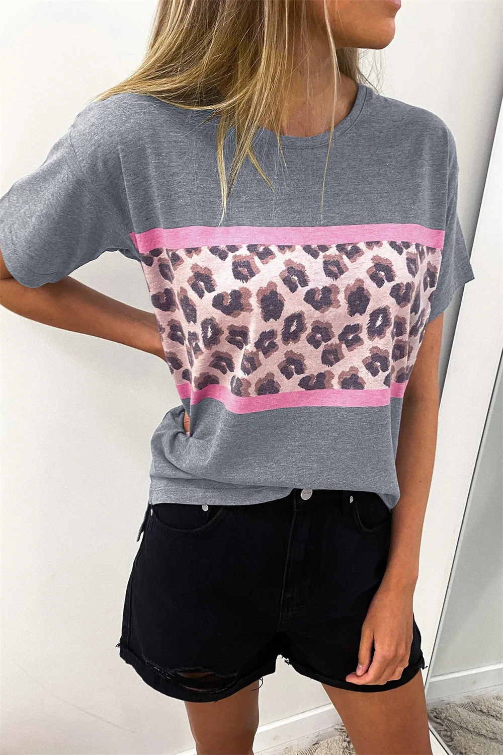 

Summer Women Round Neck T-Shirt Leopard-Printed Solid Colour Short-Sleeved Casual All-Match Ladies Pullover Tops Female Tees