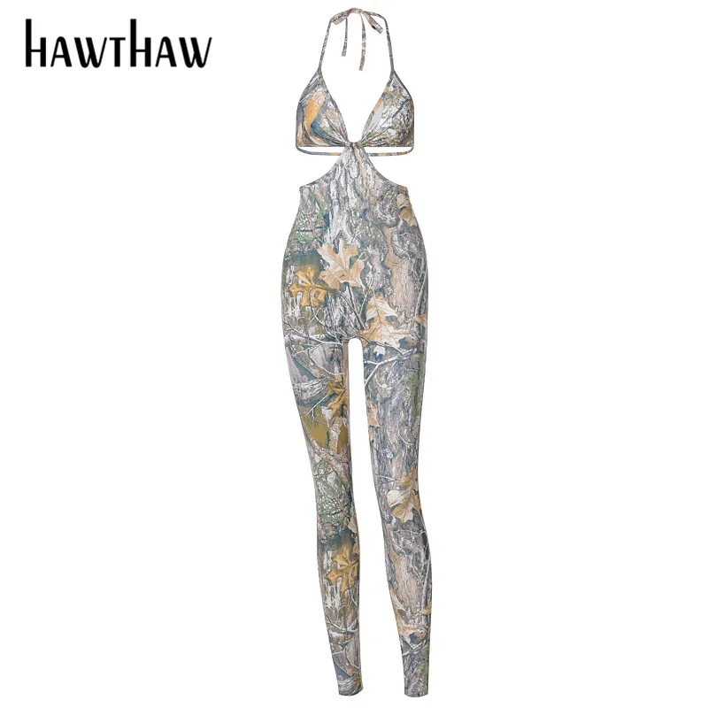 

Hawthaw Women Sexy Summer Hollow Out Backless Printed V Neck Party Jumpsuit Overall Playsuit 2021 Female Clothing Streetwear