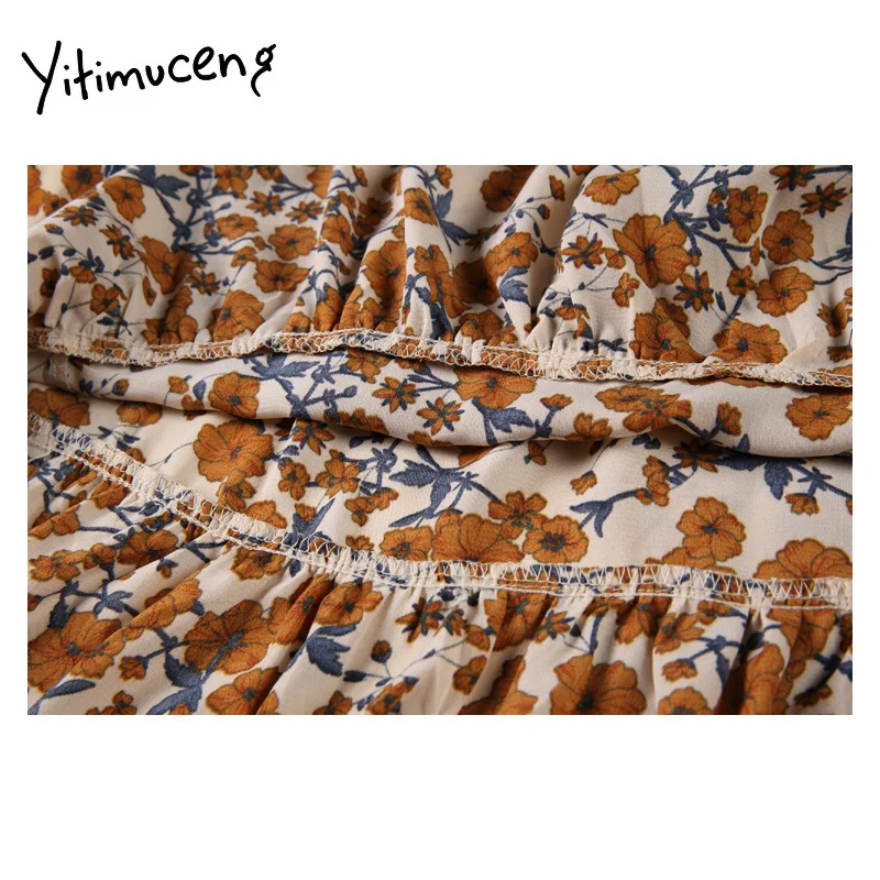 

Yitimuceng Cotton and Linen Woman Dress with Belt Vintage Floral Lantern Long Sleeve Elegant Long Dresses for Women 2021 Spring