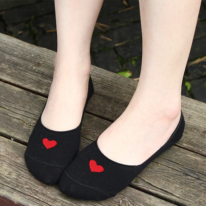 

5 Pairs Of New Female Socks Pure Cotton Love Invisible Non-slip Short Boat Socks Shallow Mouth Silicone Ladies Comfort Socks