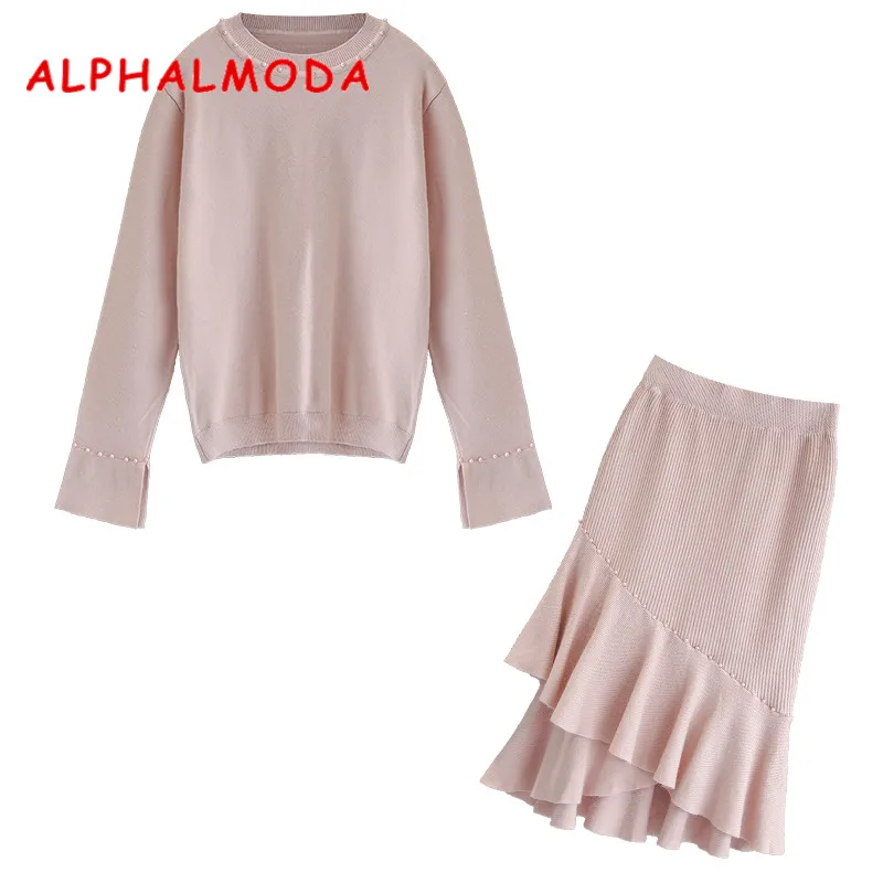 Женский костюм ALPHALMODA Однотонный свитер с жемчужинами и юбка оборками элегантный
