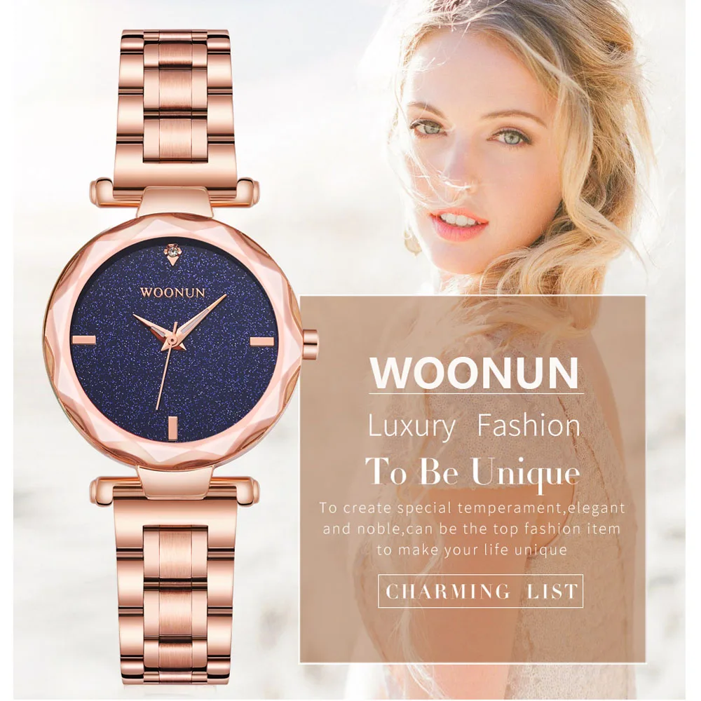 

WOONUN Round Women Small Watches Fashion Starry Sky Ladies Watches Luxury Rose Gold Watches Stainless Steel Quartz Watches Fake