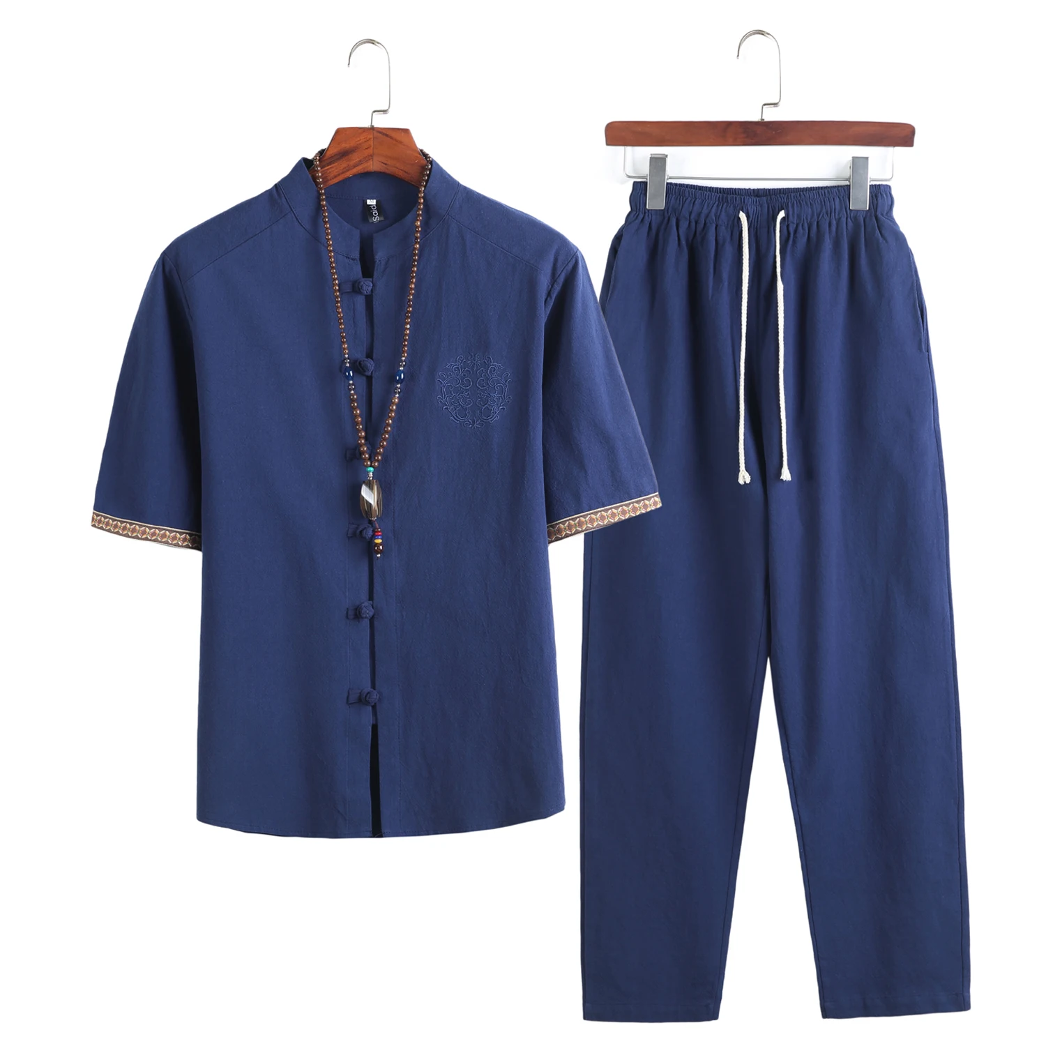 

2021 Summer Mens Linen Shirt Men Streetwear Jogger Shirts+Long Pants Male Chinese Style 2 Pieces Tracksuit 5XL