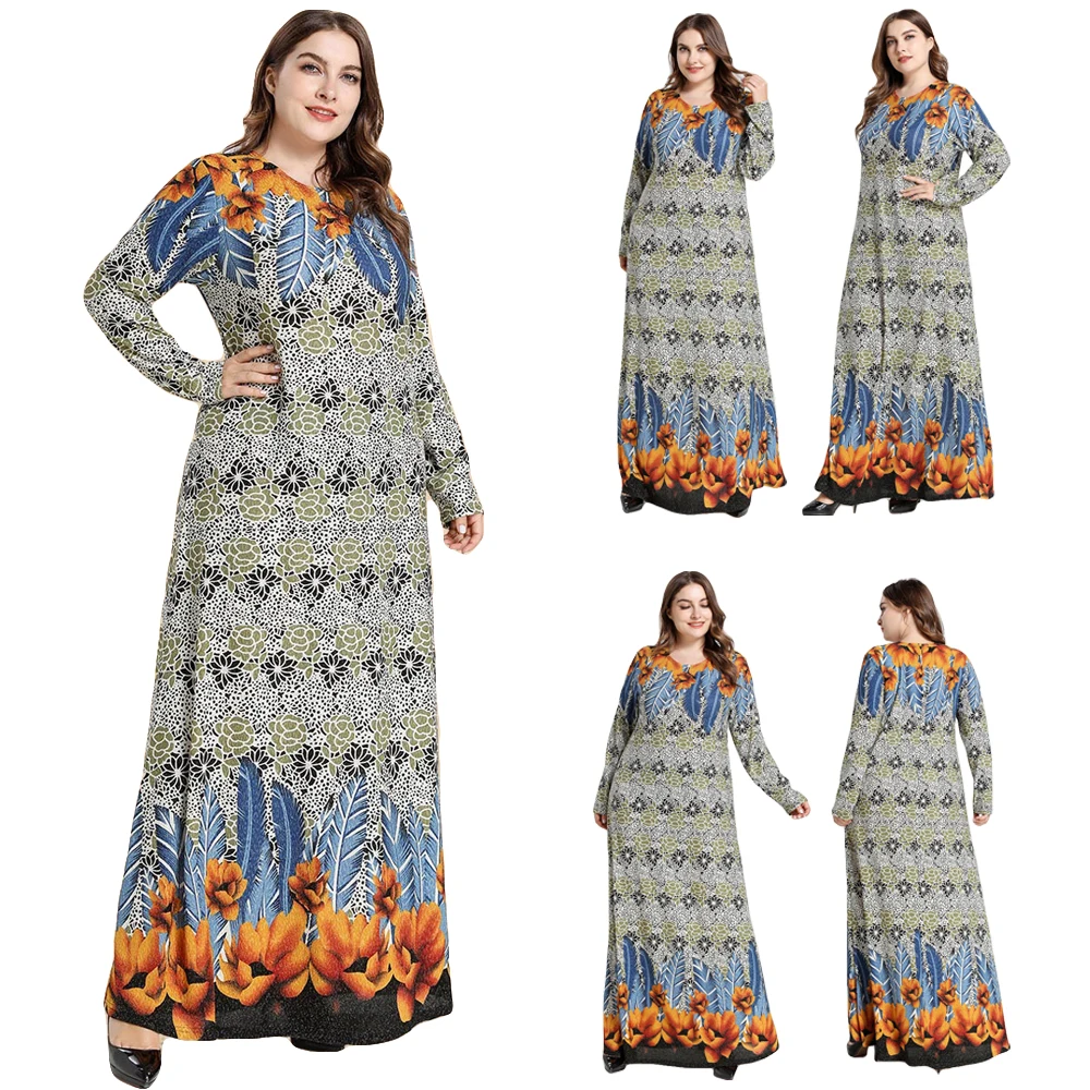 

Muslim Women Long Printed Dress Ramadan Abaya Loose Plus Size Party Maxi Robe Arab Jilbab Gown Kaftan Swing Dresses Dubai Malay