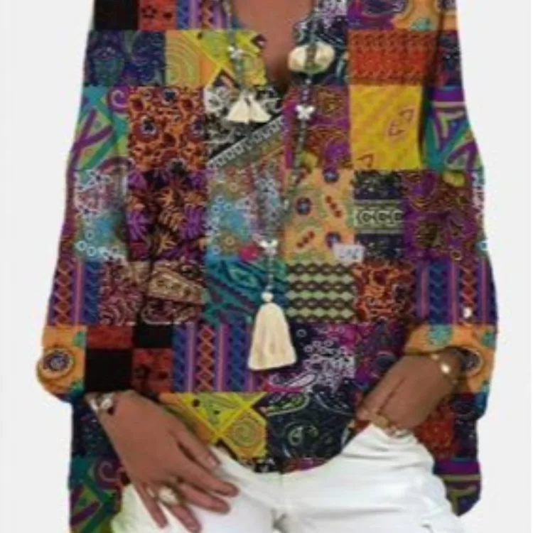 

Geometric Printed Long Sleeve V-neck Casual Blosue for Women Vintage Shirts Tops for Women Fashion KZ091