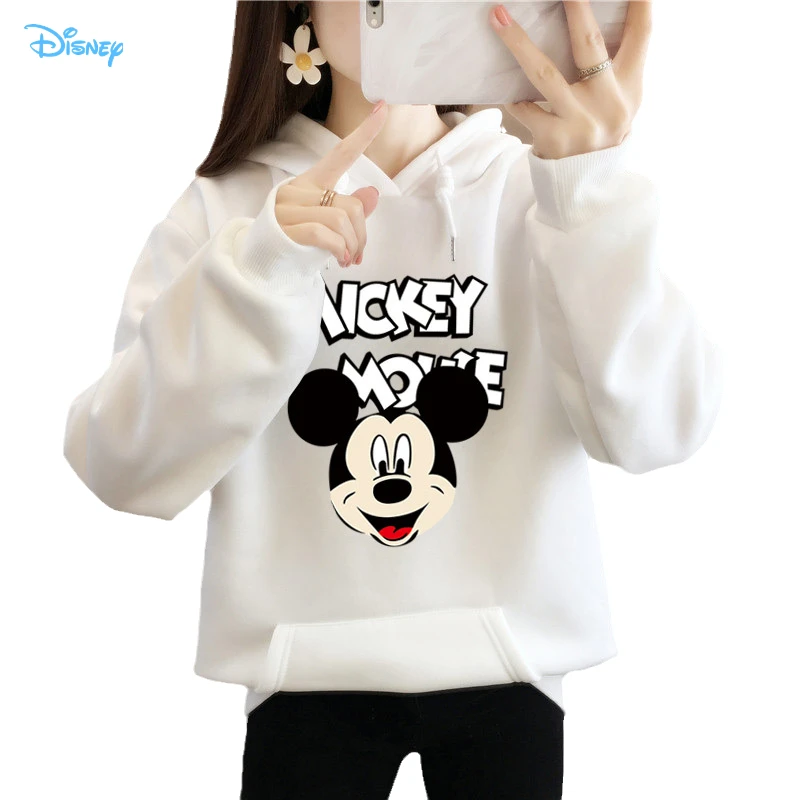 Disney Autumn Winter Mickey Mouse Hooded Sweatshirt Ladies Long Sleeve Fleece Thick Warm 90s Aesthetic Clothes Streetwear Top
