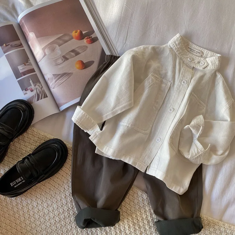 Camisa de algod&oacute;n con cuello de banda para beb&eacute;, ni&ntilde;o y ni&ntilde;a abrigo de manga larga para, Tops, ropa para beb&eacute; de 1 a 7 a&ntilde;os, E100269, novedad de 2021-4