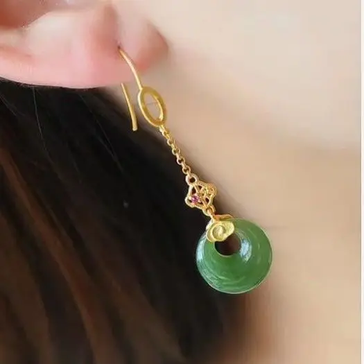 

Natural Hetian Jade Safety Buckle Earrings Fairy Long S925 Sterling Silver Gilding Auspicious Cloud Vintage Earrings Women's Jew
