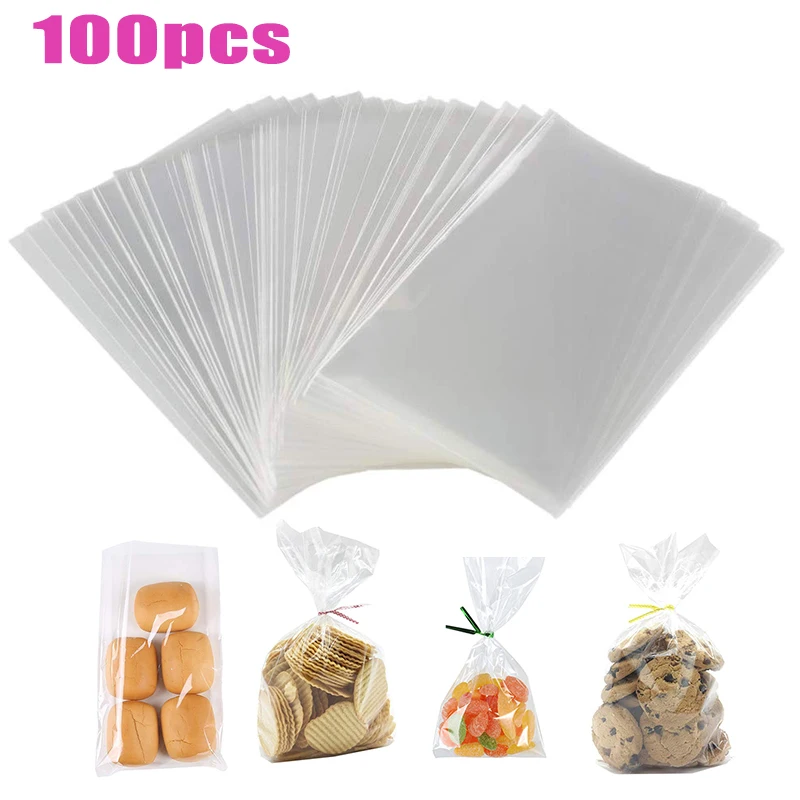 

100pcs/pack Transparent Opp Plastic Bags for Candy Lollipop Cookie Packaging Clear Cellophane Bag Wedding Party Gift Bag Open