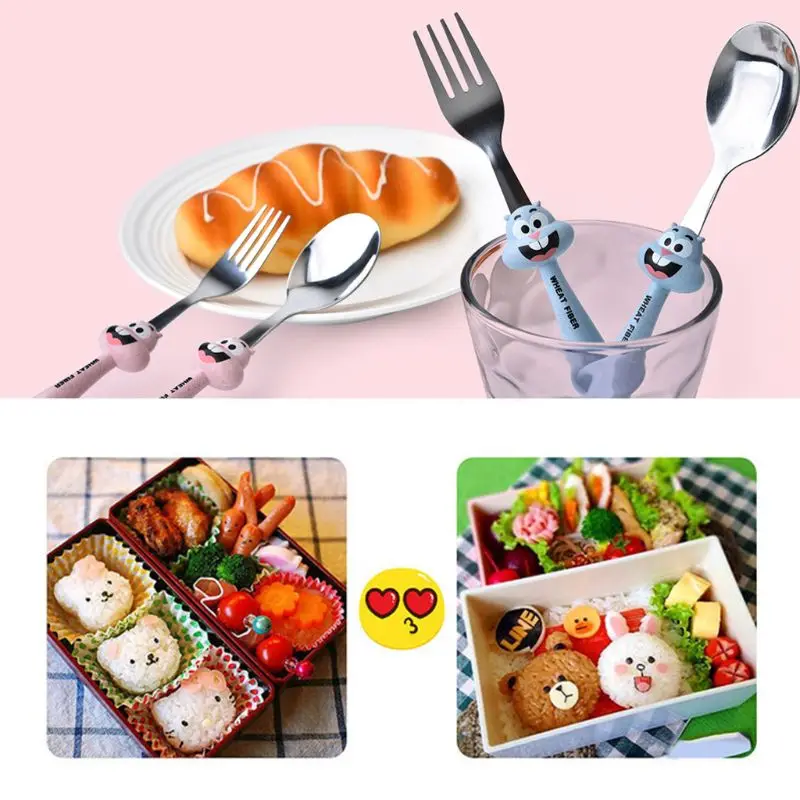 

2 Pcs/set Baby Feeding Spoon Fork Cutlery Set Kids Children Cartoon Stainless Steel Tableware P15C