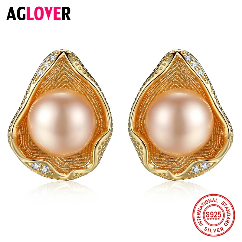 AGLOVER Новинка 925 серебряные серьги позолоченные гвоздики в виде Ракушки Серьги из