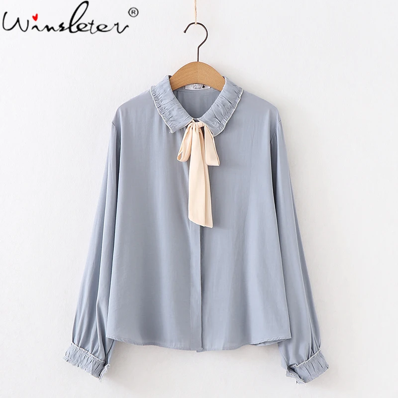 

Новая одежда в школьном Стиль шифоновая рубашка для девушек и женщин, на шнуровке, Женская пуговицы с бантами и длинными рукавами Блузка Топ...