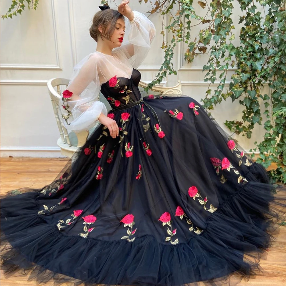 

XIANGXI Black Tulle Prom Dresses A-Line Full Sleeves 3D Flower Embroidery Transparent Long Evening Dress Formal Gowns Party Prom