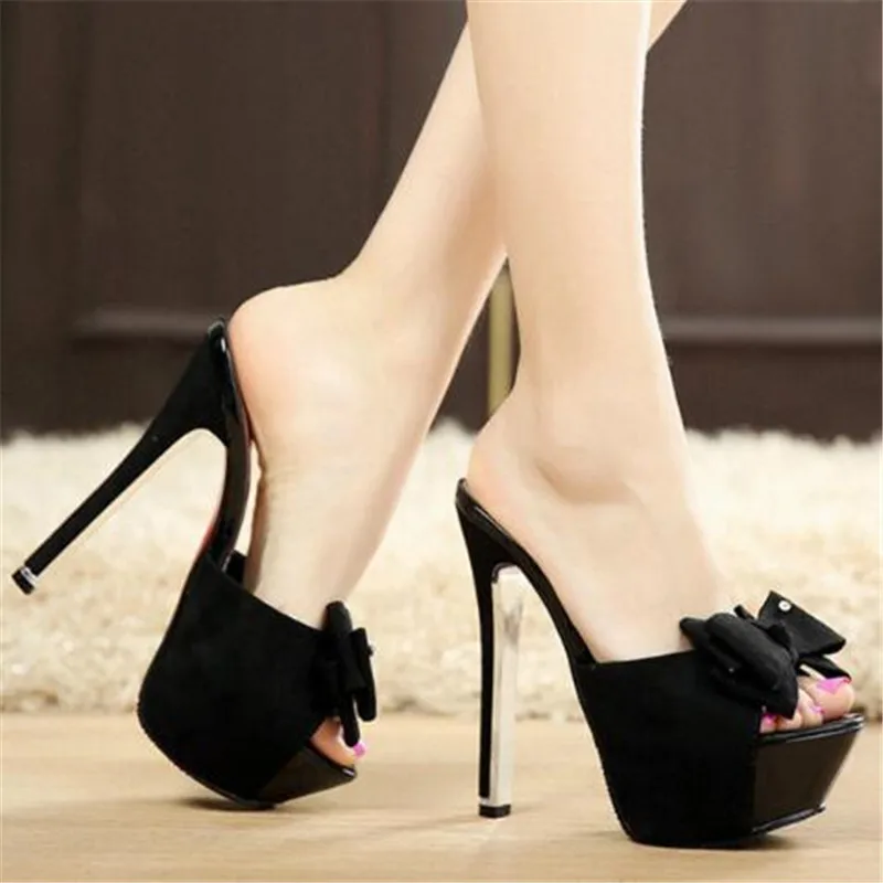 

New Stiletto heels stripper women shoes platform 15 cm high heel sandals fashion bow slipper outdoor slides peep toe pumps party