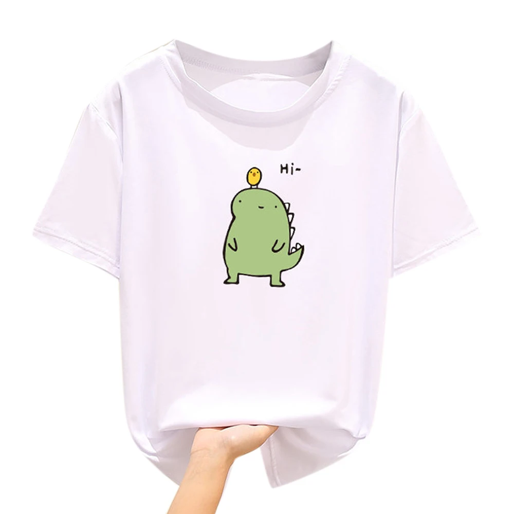 

2021 Summer Korean Style Short Sleeve T-Shirt Dinosaur Printed Loose Fashion Women Round Neck Casual GD Female Tops Lady Tees