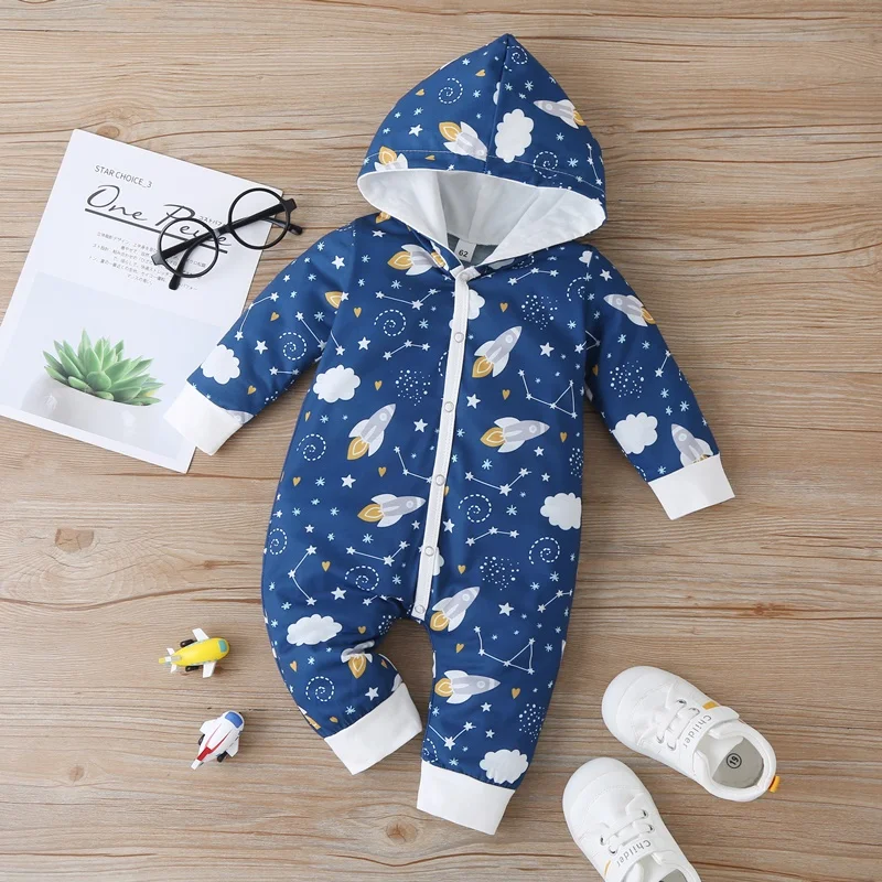 

New Cotton Newborn Baby Boy Clothes Winter Cool Rocket Starry Sky Print Single Breasted Long Sleeve Hooded Baby Boy Romper 0-18M