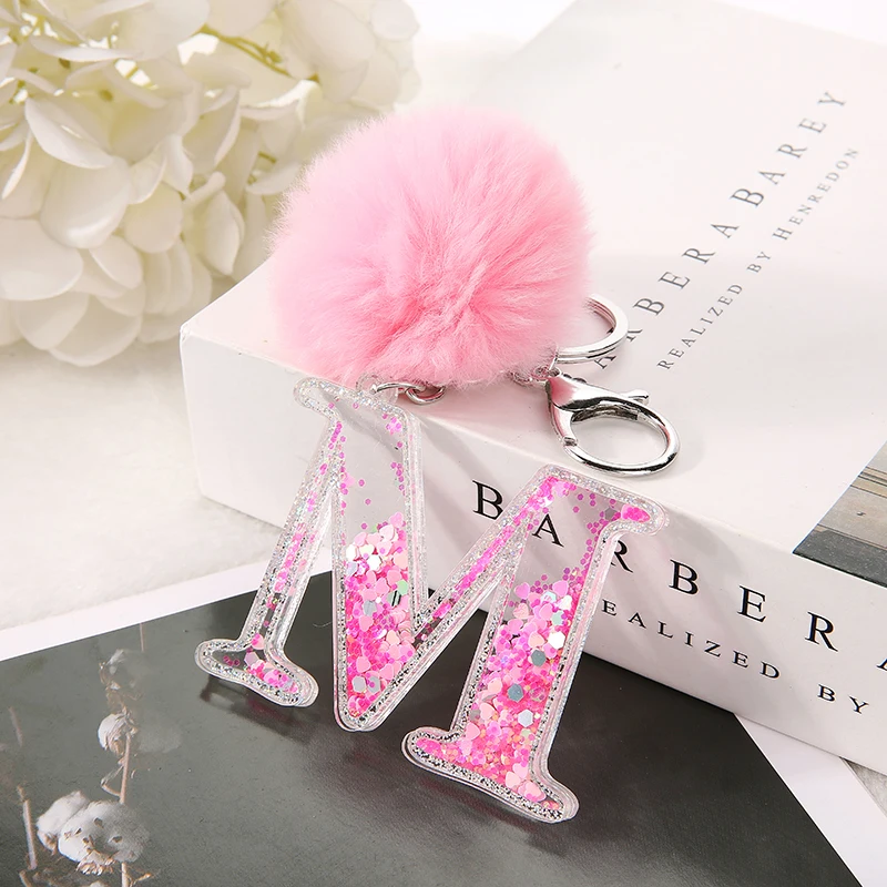 

1PC Women Keychains 26 Glitter Pink Hollowed-out Words Handbag English Letter Keyring with Puffer Ball Charms