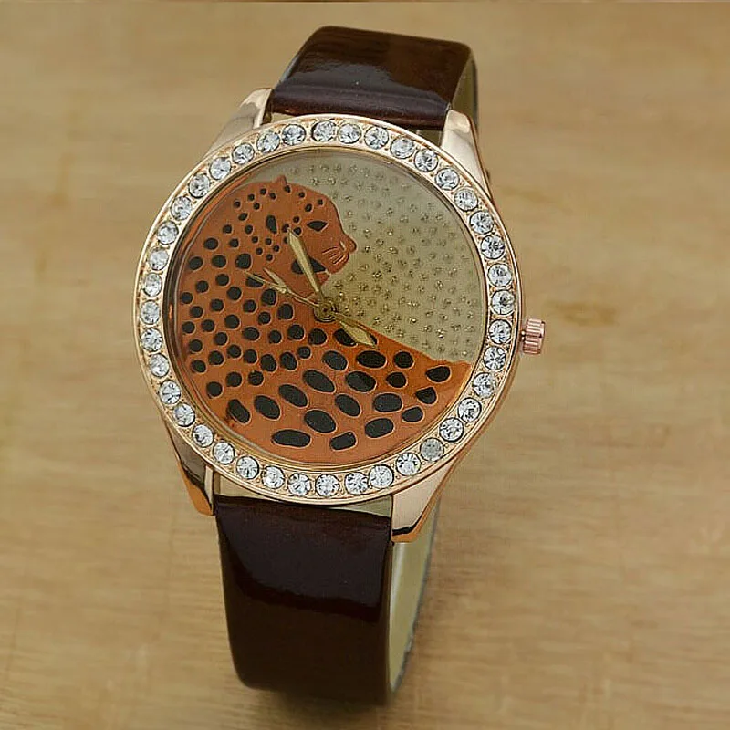 Модные женские часы с кристаллами кожаный ремешок кварцевые пантера Часы Relogio