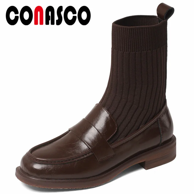 

CONASCO Concise Women Ankle Boots Autumn Winter Warm Cow Leather Wedding Party Basic Prom Office Lady Boots Classic Shoes Woman
