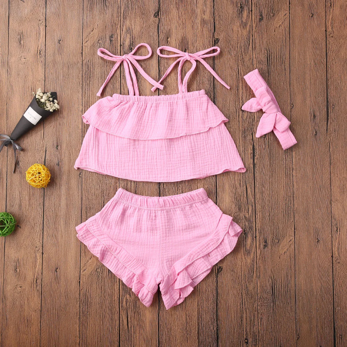 2020 Baby Summer Clothing Infants Girls Top Shorts Lace Pleated Elastic Headband Bow Sleeveless Ruffle 100% Cotton Outfit | Детская