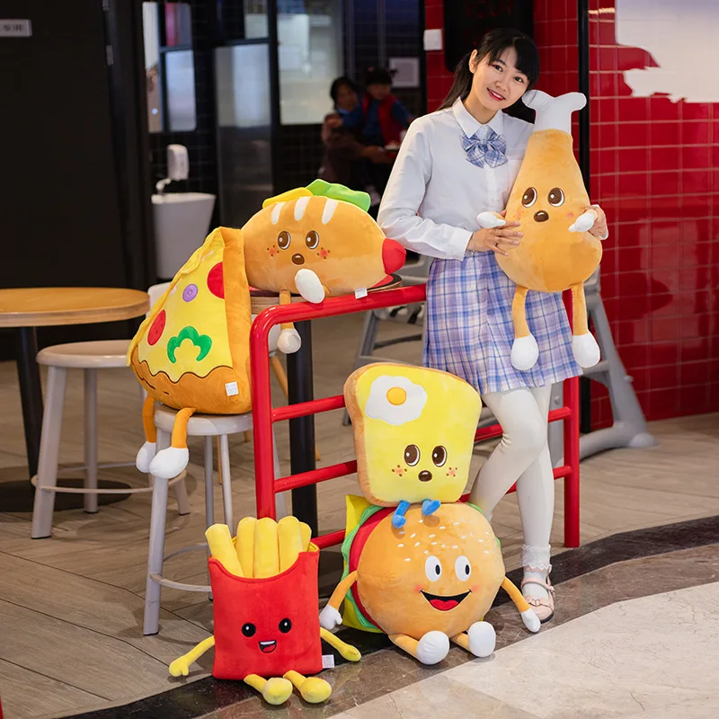 

Cute Cartoon Plush Hamburger French Fries Toy Stuffed Food Popcorn Hot Dog Toast Chicken Legs Pizza Pillow Kids Toys Kawaii Gift
