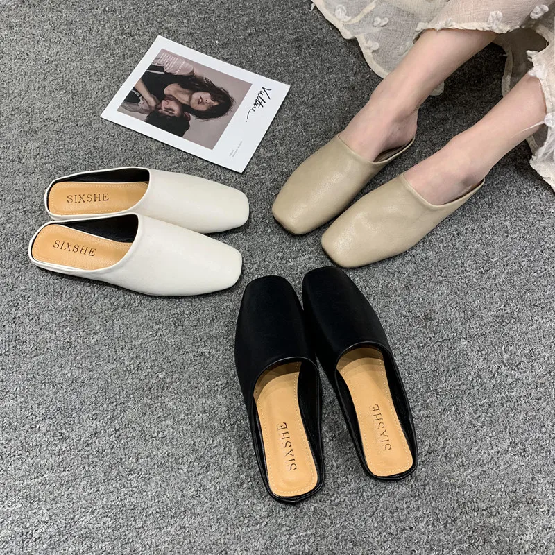 

LLOGAI 2021 New Women Square Toe Leather Shoes Slippers Flat Heel Mules Shoes Casual Holiday Outside Slides Drags Cozy Flats