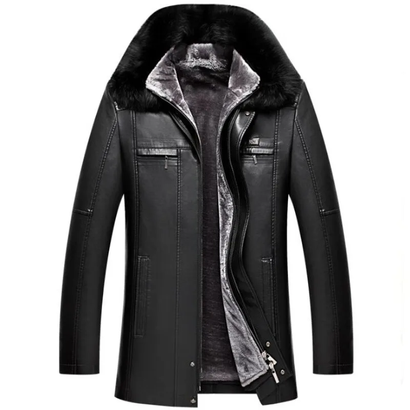 

Winter New Mens Fur Lapel Faux Leather Jacket Man Business Casual Coat Male Fashion Removable liner Parkas Plus Size Overcoat