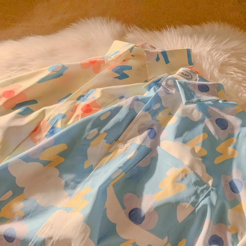 

Рубашка в стиле Харадзюку для пар, винтажная блузка с коротким рукавом и принтом, уличная одежда оверсайз, пляжный стиль, повседневный Топ в ...