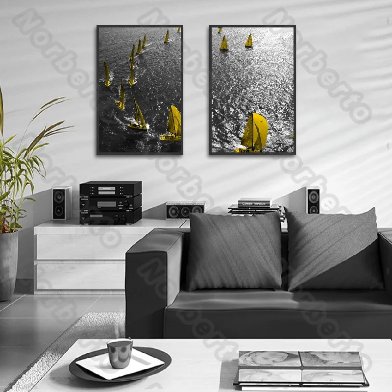 

Modern Style Canvas Painting Wall Poster Calm Sea and Yellow Ship Painting Picture for Living Room and Bedroom Wall Decoratio