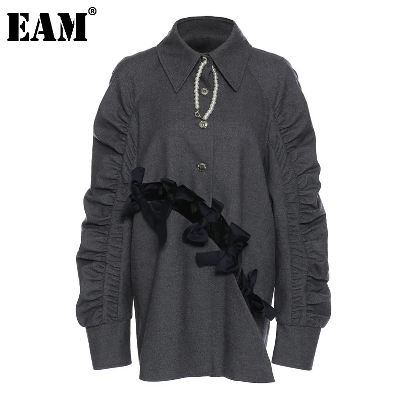 

[EAM] Women Gray Wrinkled Pearls Bows Big Size Blouse New Lapel Puff Sleeve Loose Fit Shirt Fashion Autumn Winter 2022 1DD1602