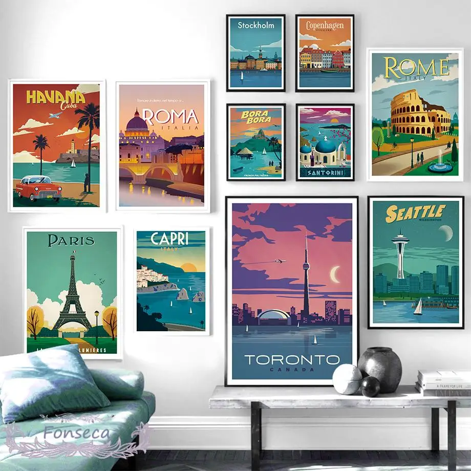 

France Italy Cuba Portugal Netherlands santorini Wall Art Canvas Painting Vintage Famous City Landscape Poster Nordic Pictures