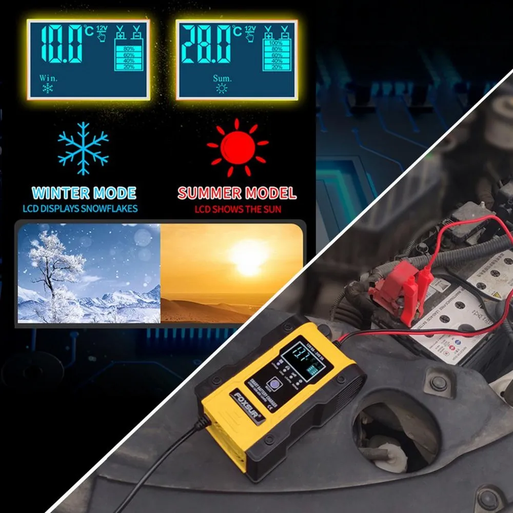 foxsur 12v 24v 6a car battery charger pulse repair 7 stage charger for gel wet agm 12 6v lithium lifepo4 lipo battery free global shipping