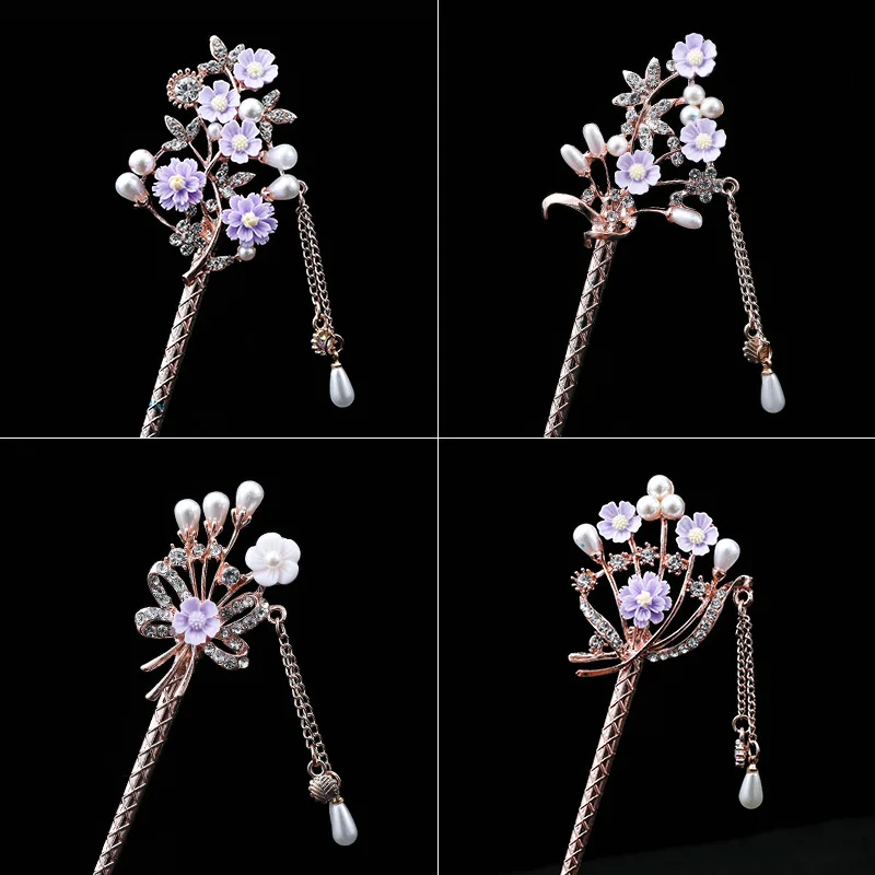 

The Latest Flower Hair Sticks Fork Retro Long Tassel Hairpin Wooden Hair Stick Pearl Beads Chinese Wedding Bride Cubic Halostone
