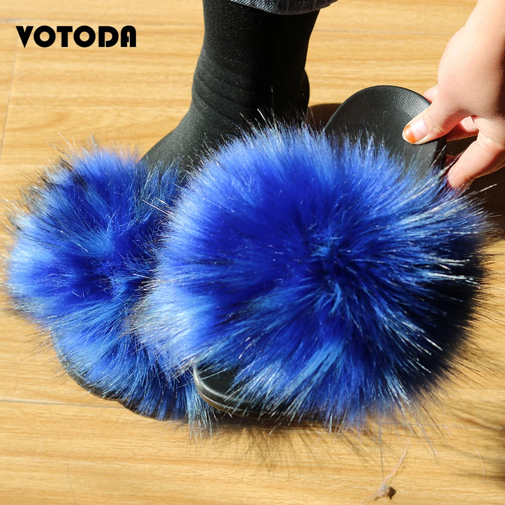 

Summer Women Furry Slippers Faux Fur Slipper Flat Plush Sandals Female Cute Fluffy House Shoes Flip Flop Ladies Fox Fur Slides