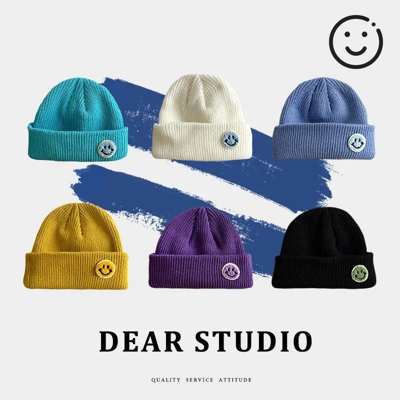 

Women Beanie Knitted Hat Autumn and Winter Casual All-match Cute Smiling Wool Hat Women's Cap Wild Warm Street Knit Hat Skullies