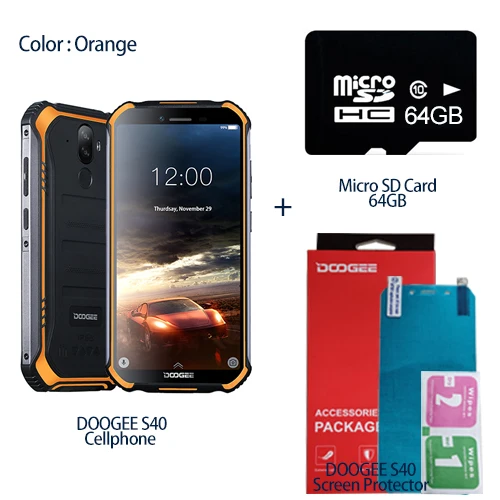 Add 64GB SD Card DOOGEE S40 IP68 IP69K Мобильный телефон 5,5 дюймов дисплей 4650 мАч MT6739 четырехъядерный 3 ГБ ОЗУ 32 Гб ПЗУ Android 9,1 8.0MP камера 4G сеть - Цвет: Add 64GB SD Card