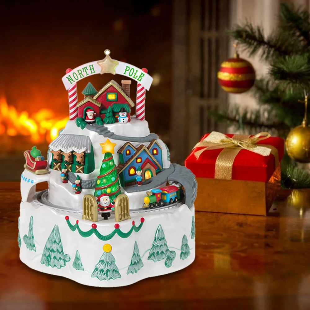 

North Pole Houses Souvenir Printing Green Tree Wallsurface Christmas Village Train And Station Mininature Resin Crafts 12x13cm