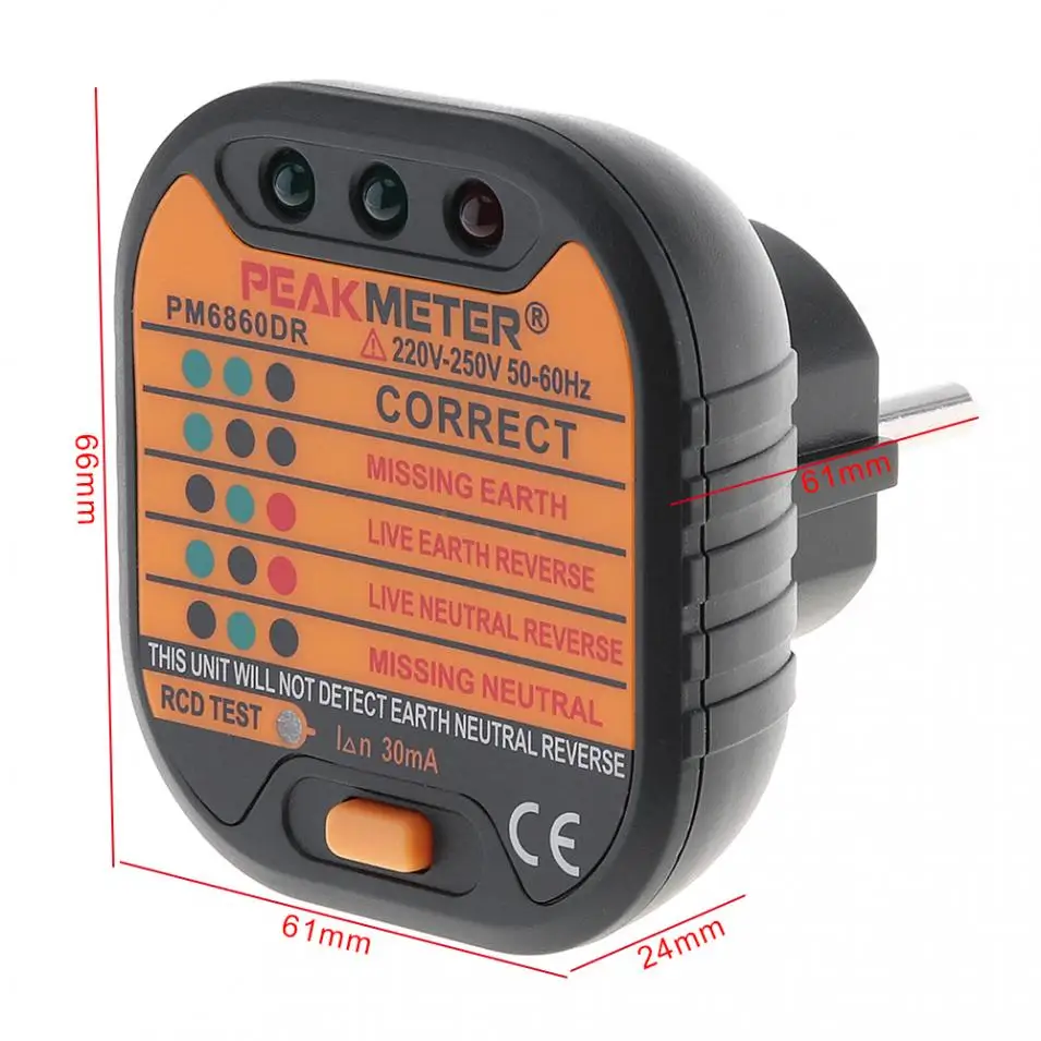 PEAKMETER PM6860DR 220 В ~ 250 Портативный электрический умный тестер розеток со