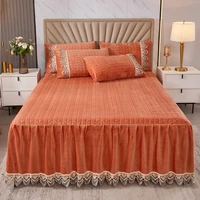 modern velvet bedspread set lace quilted queen king size bed cover for double bed thick soft bedskirt with 2 pillowcases orange