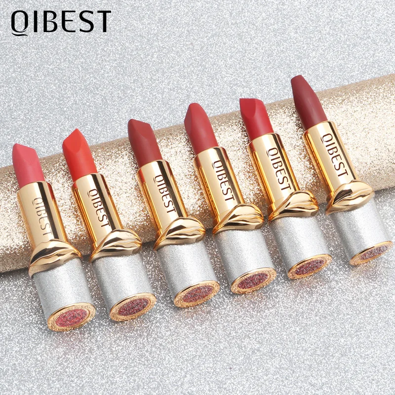 

QIBEST 6 colors star diamond velvet matte red lipstick noble temperament charming lip stick moisturizing pearl light lipsticks