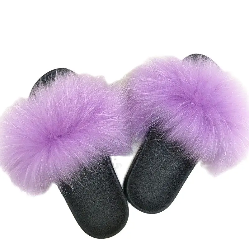 Женские шлепанцы из натурального Лисьего меха на плоской подошве|Тапочки| |