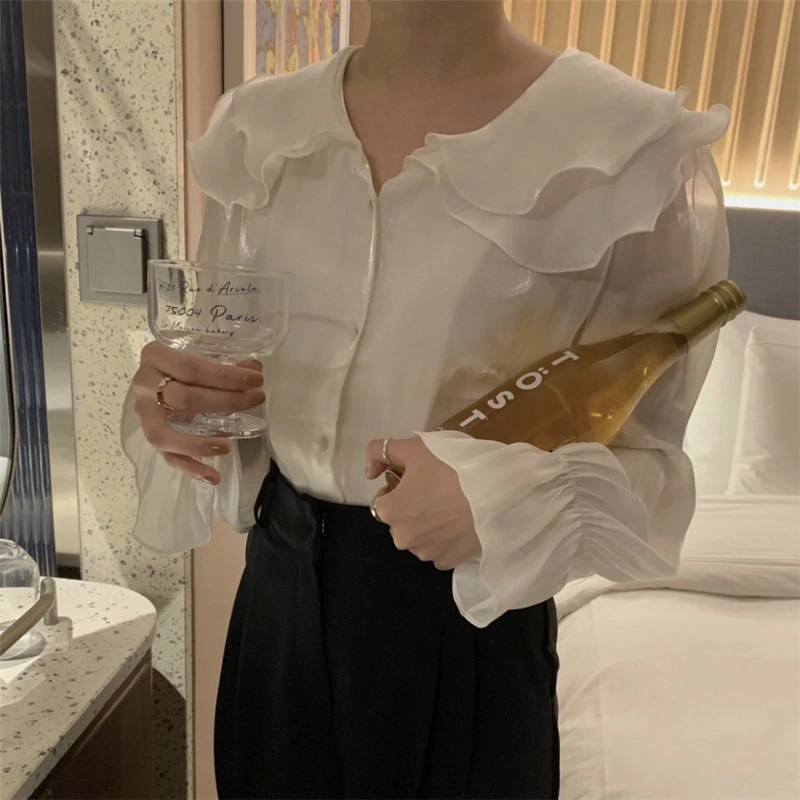 

Fashion women's top 2020 sweet and versatile double-layer ruffled petal collar gloss shirt lapel long sleeve top