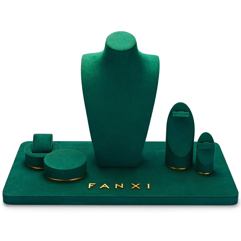 Light luxury green jewelry show props set high-grade leather jewelry rack necklace earring ring rack