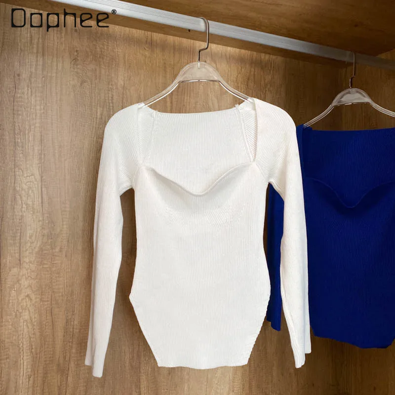 

Новинка осени 2021, хлопковый трикотажный топ, Женская темпераментная тонкая Универсальная футболка с V-образным вырезом и длинным рукавом