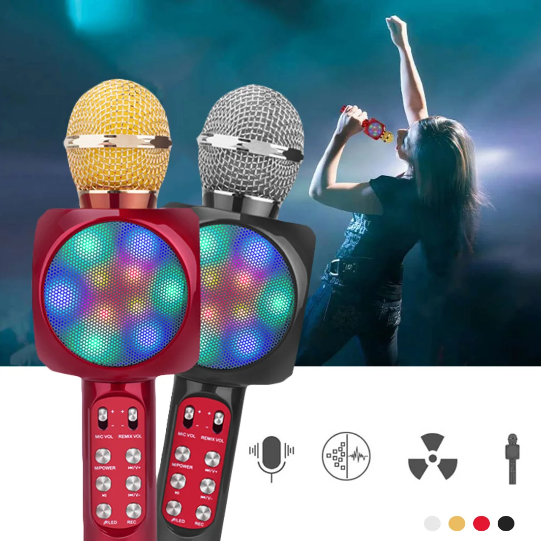 Караоке микрофон с светодиодный светильник 4 в 1 беспроводной ручной Bluetooth FM