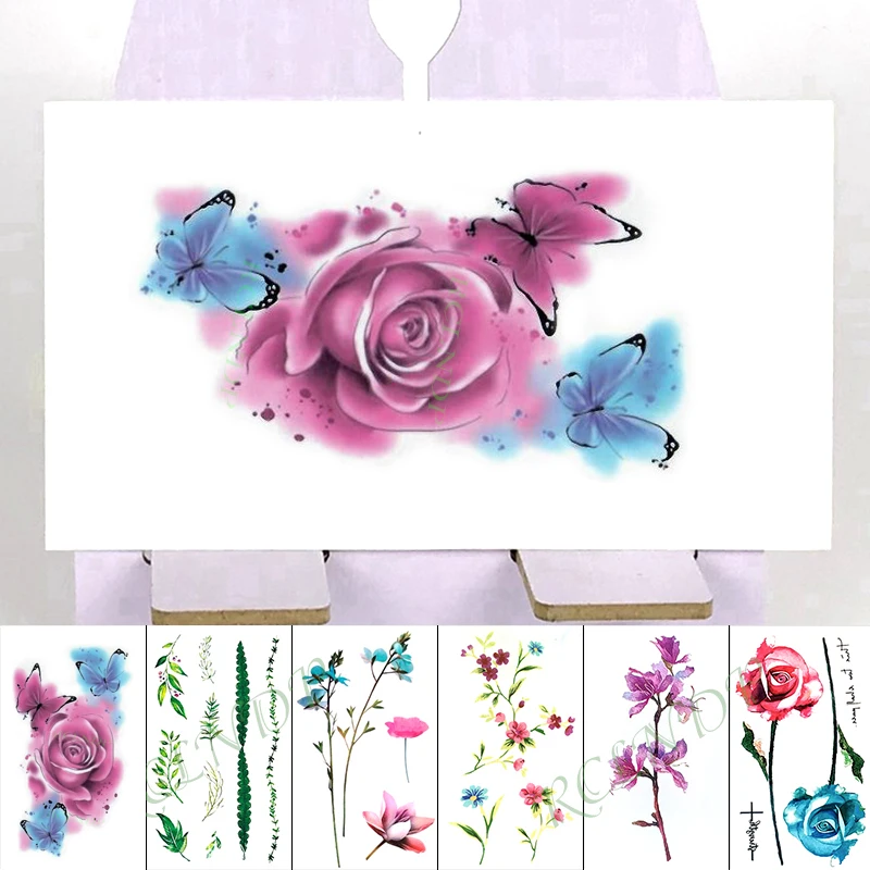 Водонепроницаемая Временная тату-наклейка цветные цветы бабочки животные