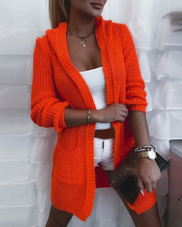 

Women's Elegant Cardigan Jacket, 2021 European and American Women's New Style Pocket Design Knit Long Sleeve Hooded Cardigan
