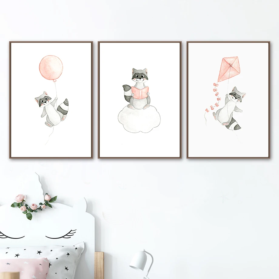 

Raccoon Kite Balloon Book Cloud Cartoon Wall Art Canvas Painting Nordic Posters And Prints Wall Pictures Baby Kids Room Decor